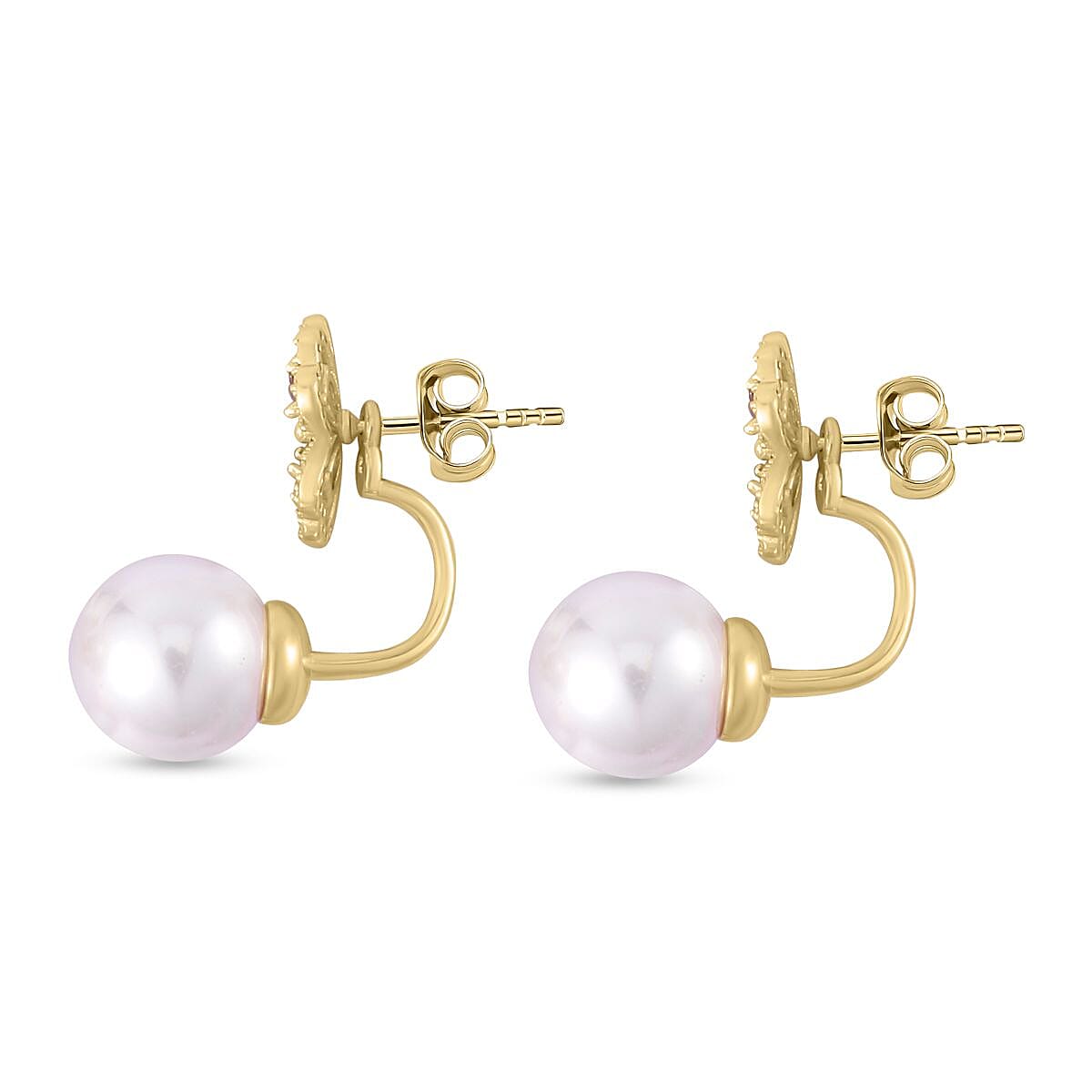 Shell Pearl and Simulated Red Sapphire Stud Earrings in Yellow Gold Tone