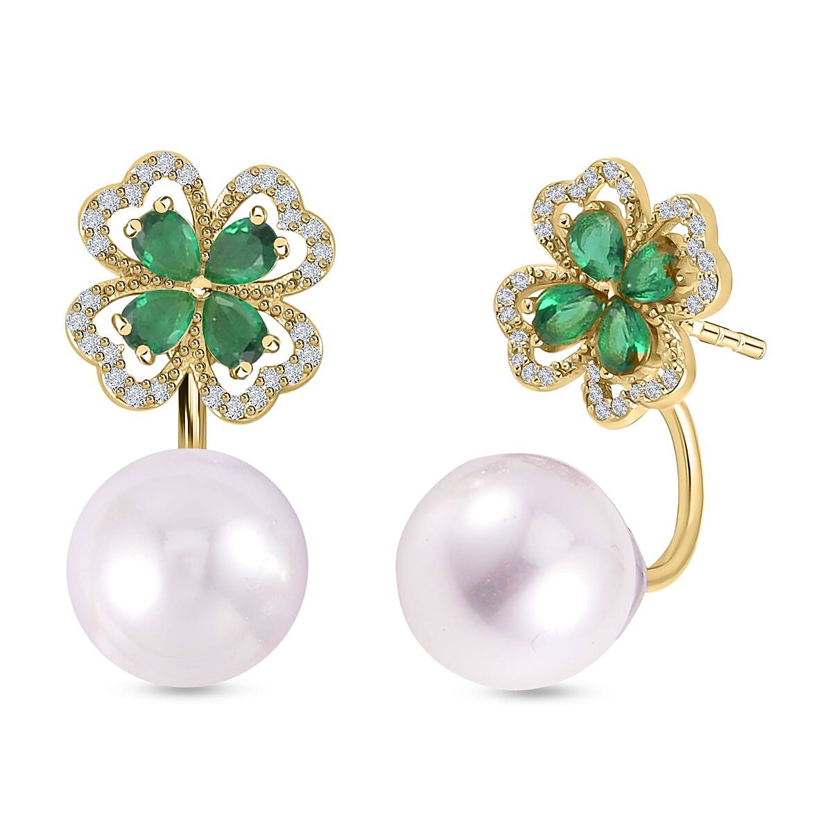 White Shell Pearl and Green Austrian Crystal Stud Earrings in Yellow Gold Tone