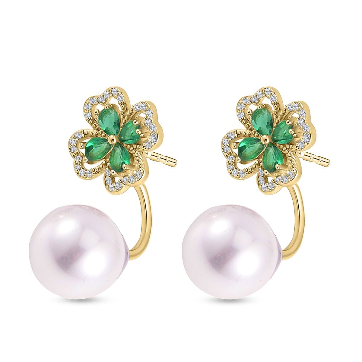 White Shell Pearl and Green Austrian Crystal Stud Earrings in Yellow Gold Tone