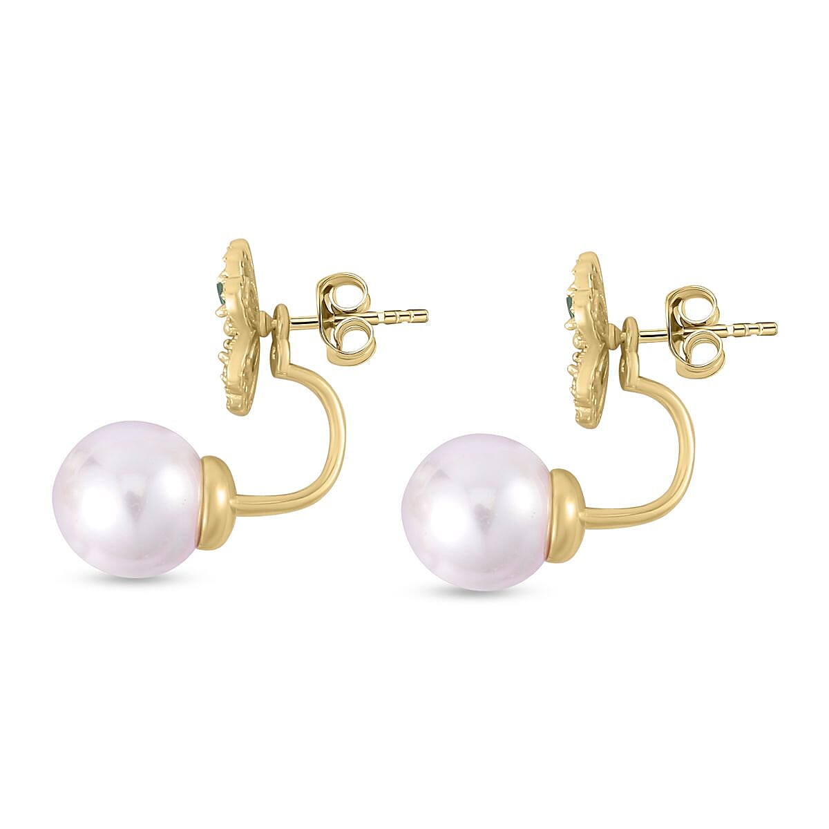 White Shell Pearl and Green Austrian Crystal Stud Earrings in Yellow Gold Tone