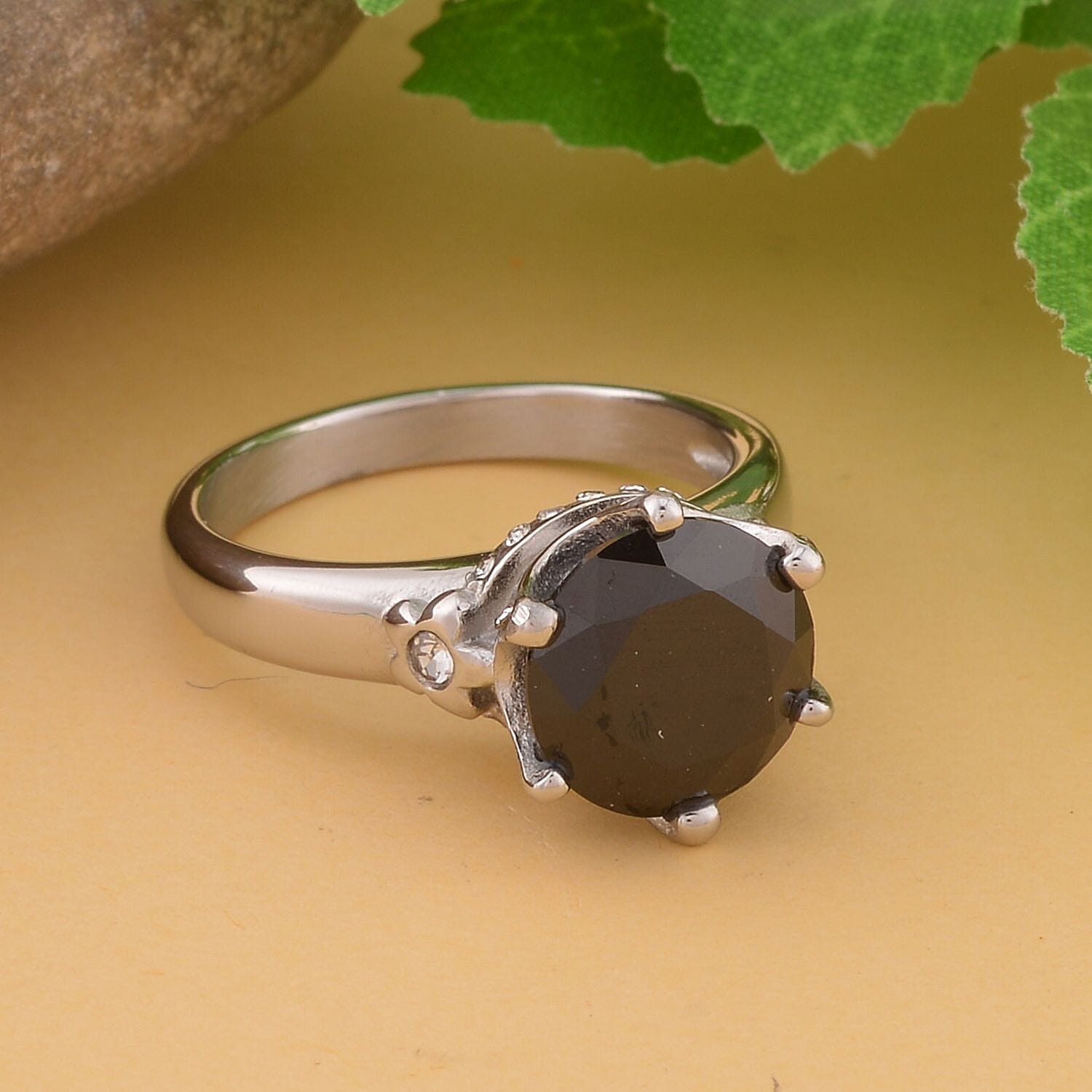 Boi Ploi Black Spinel and White Austrian Crystal Ring in Stainless Steel 1.010 Ct