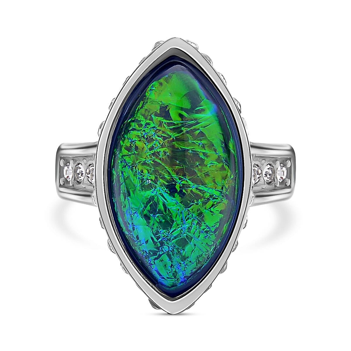 Synthetic Opal and White Austrian Crystal Ring in Stainless Steel 10.10 Ct.