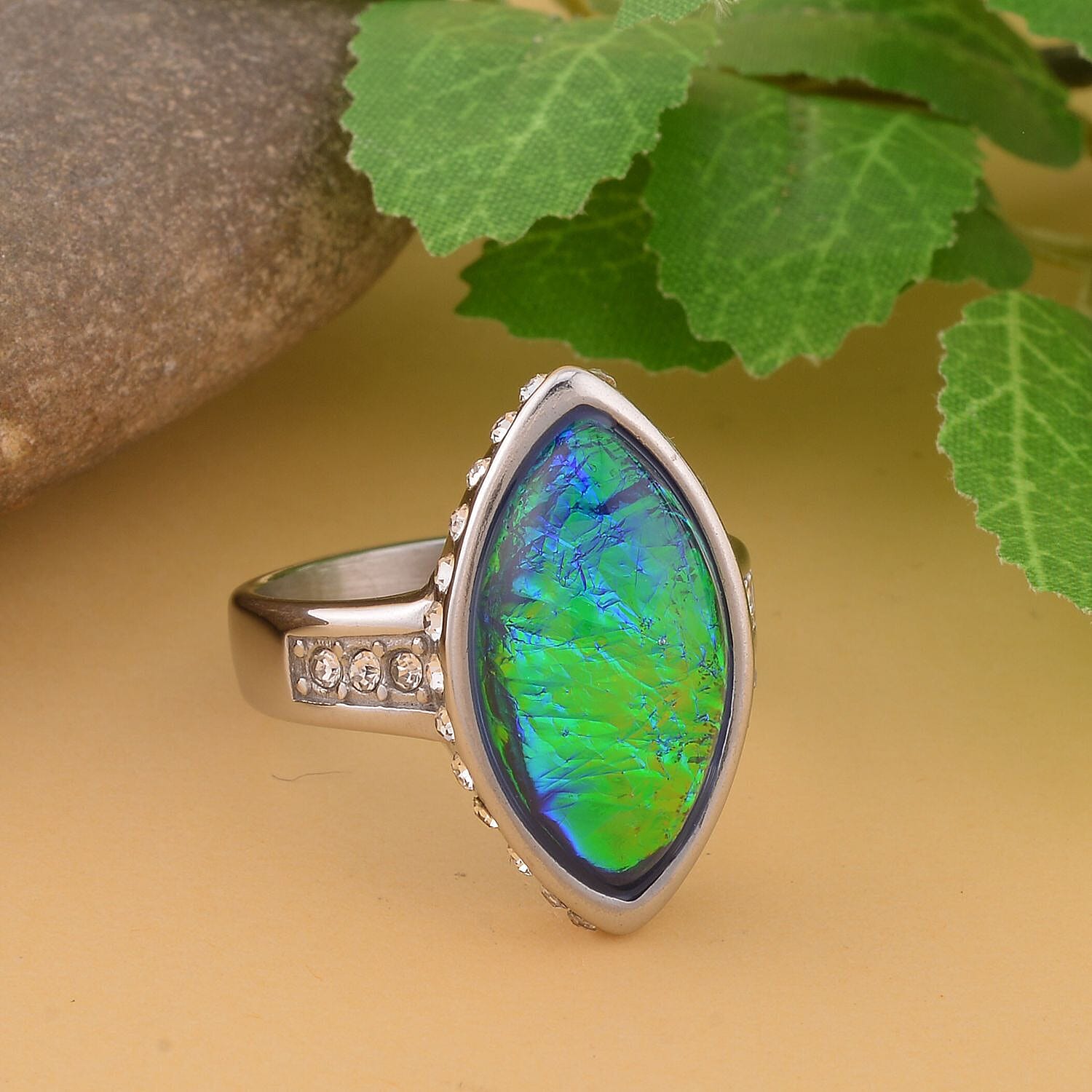 Synthetic Opal and White Austrian Crystal Ring in Stainless Steel 10.10 Ct.