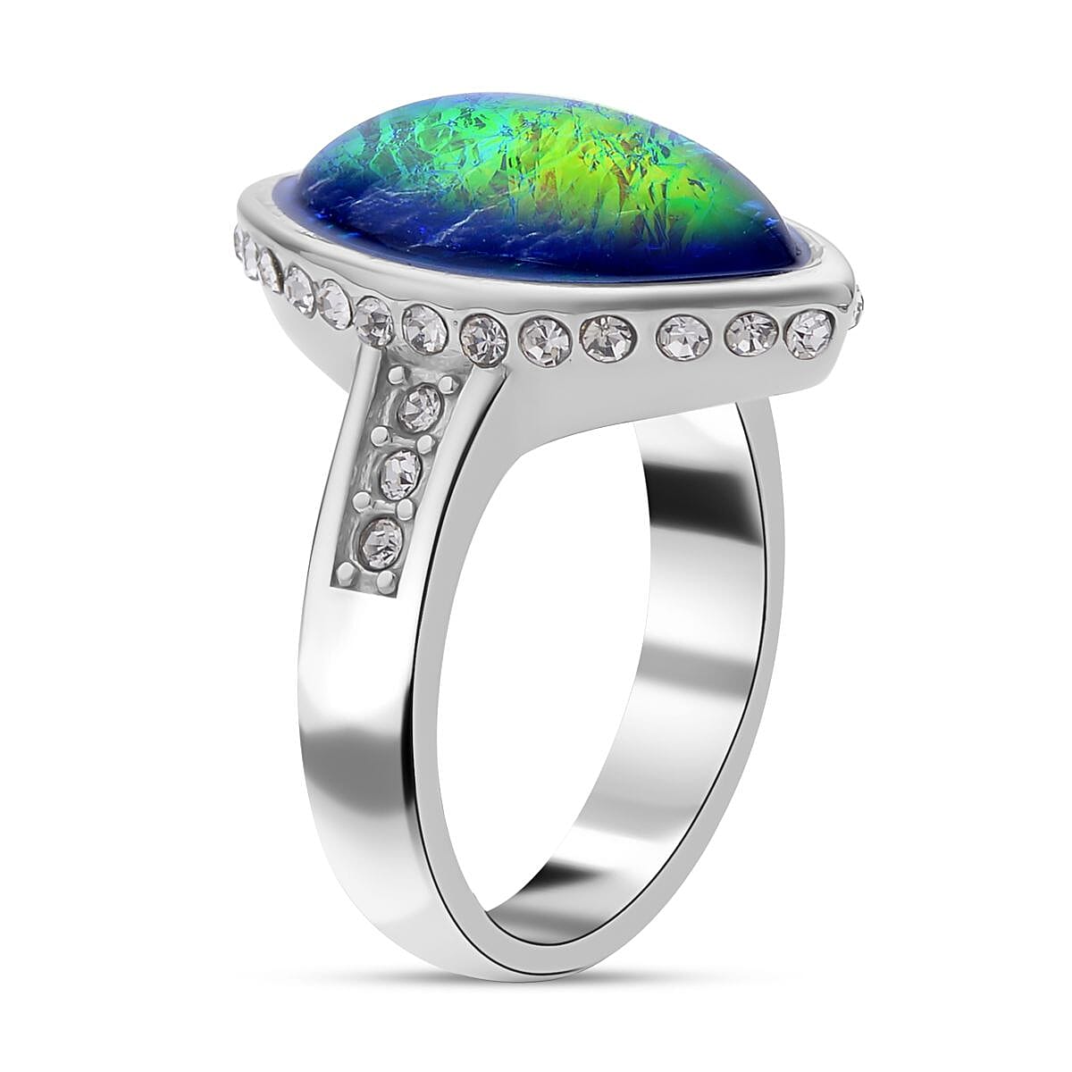 Synthetic Opal and White Austrian Crystal Ring in Stainless Steel 10.10 Ct.