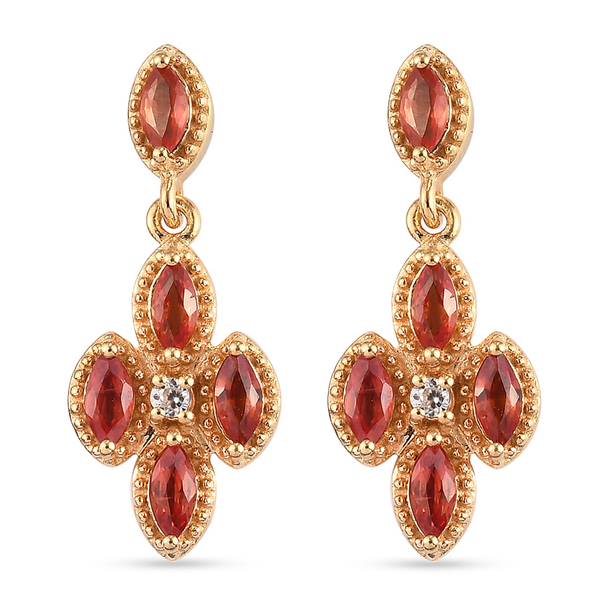 Orange Sapphire and Natural Cambodian Zircon Dangle Earrings (with Push Back) in Yellow Gold Overlay Sterling Silver 1.74 Ct.