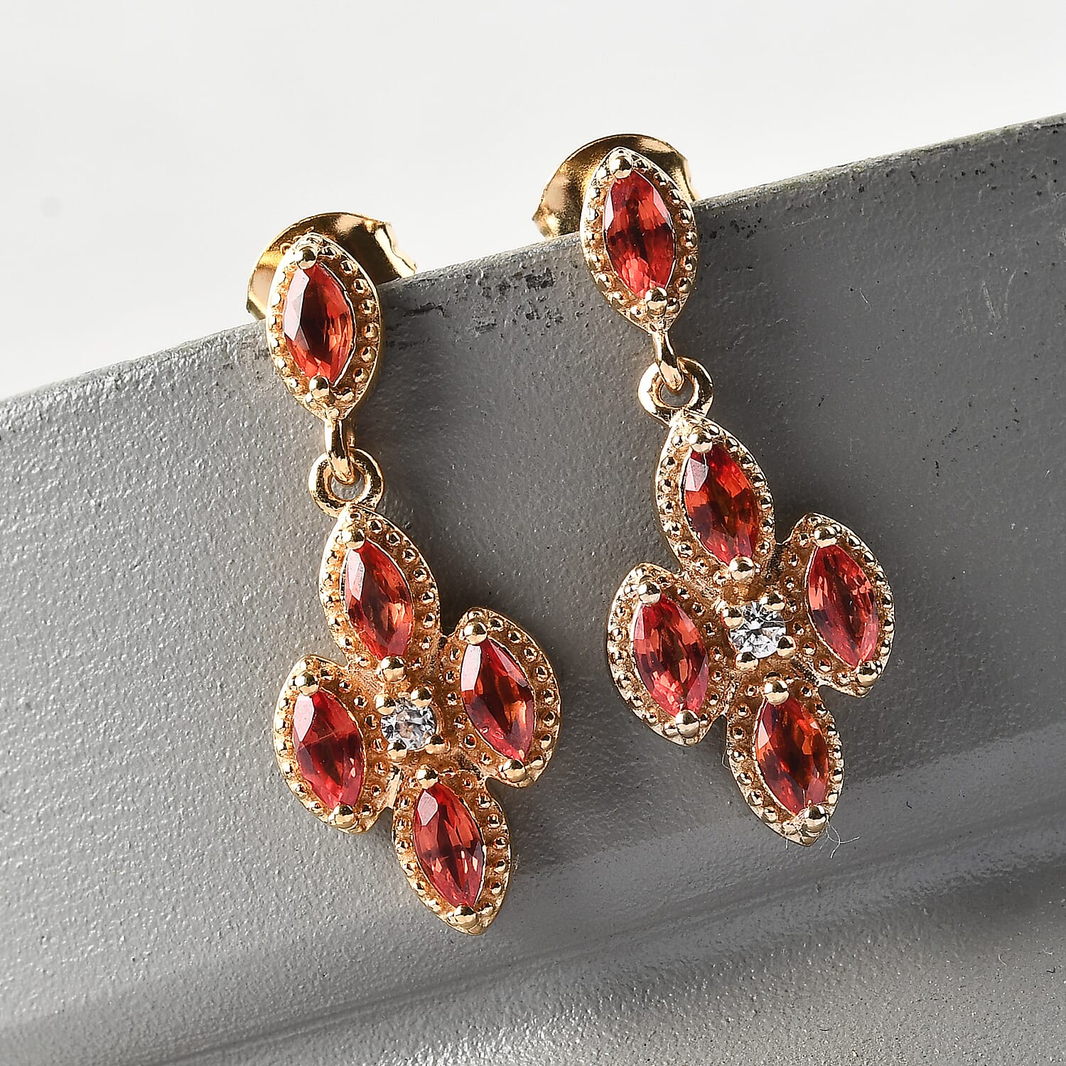 Orange Sapphire and Natural Cambodian Zircon Dangle Earrings (with Push Back) in Yellow Gold Overlay Sterling Silver 1.74 Ct.