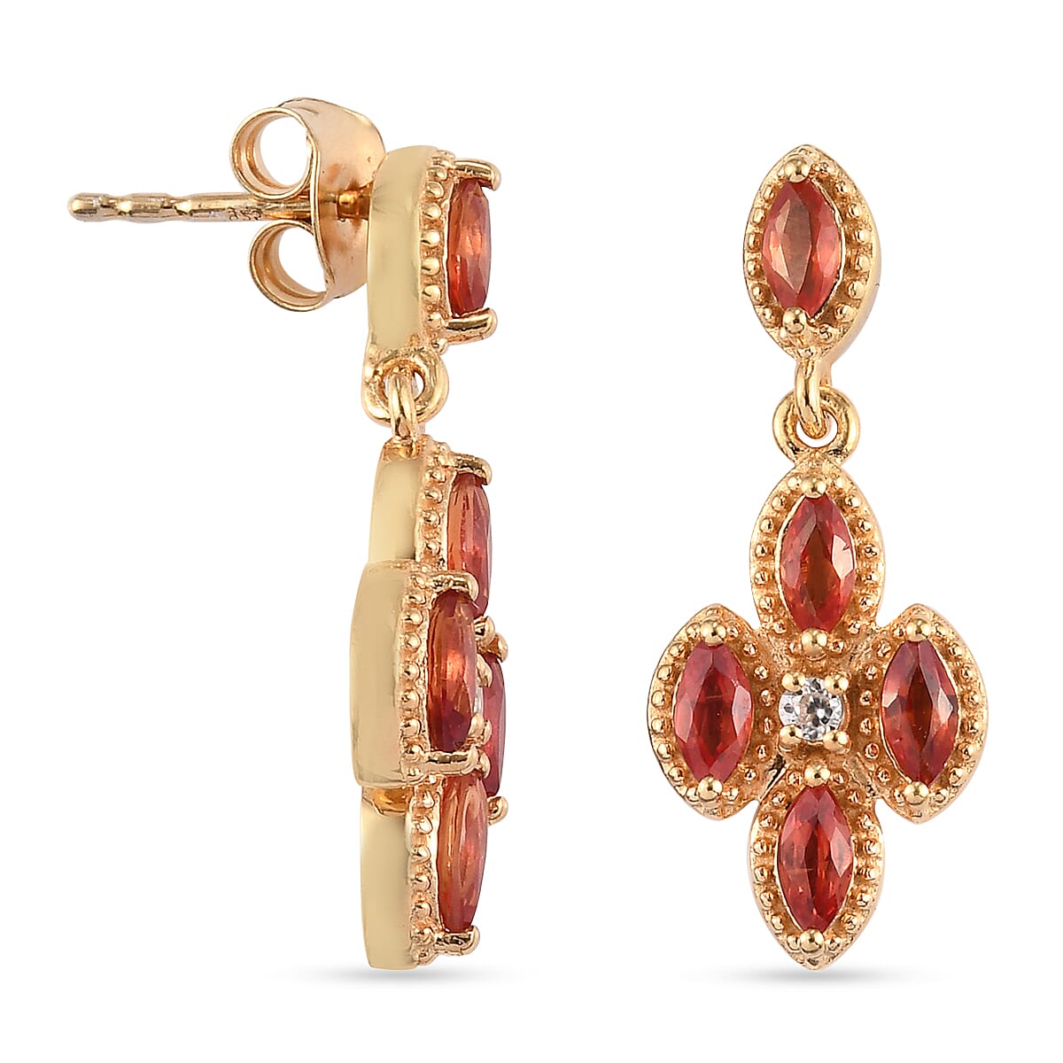 Orange Sapphire and Natural Cambodian Zircon Dangle Earrings (with Push Back) in Yellow Gold Overlay Sterling Silver 1.74 Ct.