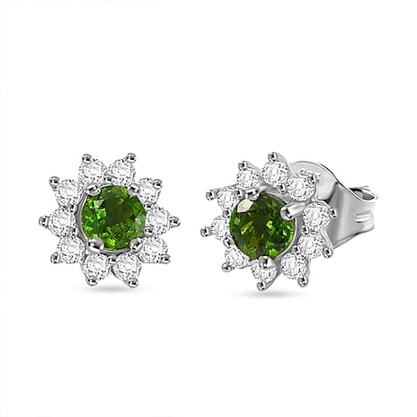 Chrome Diopside and Natural Zircon Stud Earrings in Sterling Silver 1.17 Ct.