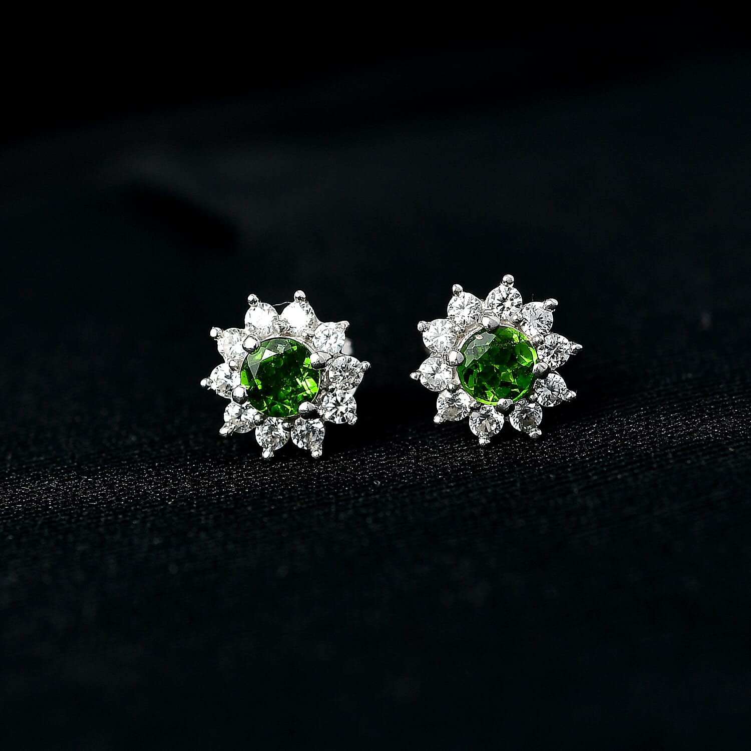 Chrome Diopside and Natural Zircon Stud Earrings in Sterling Silver 1.17 Ct.