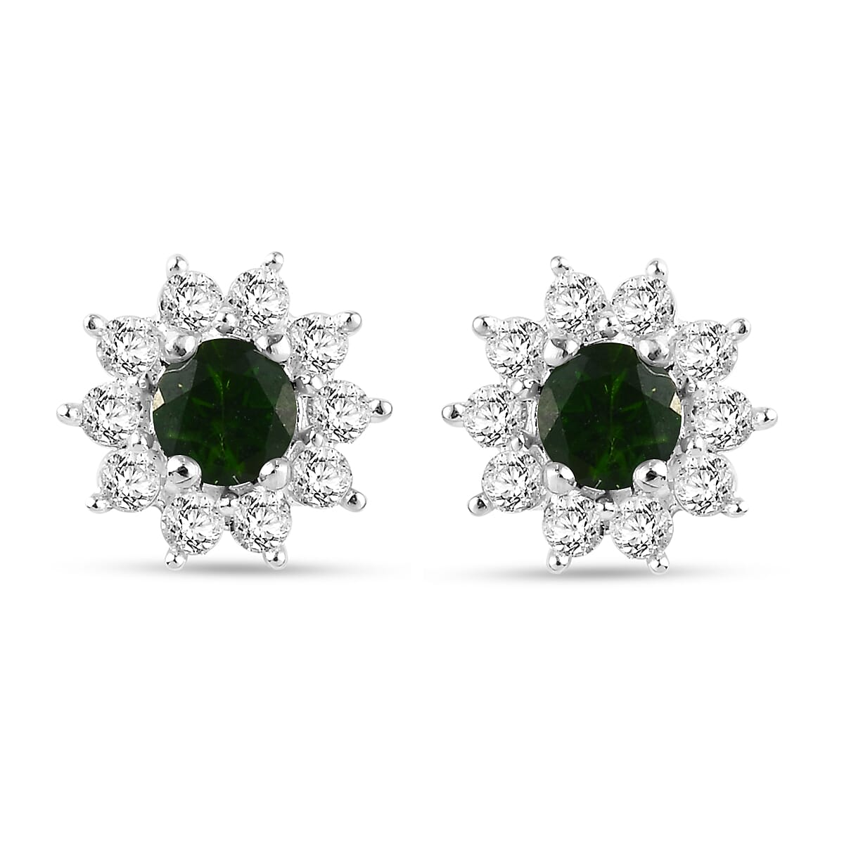 Chrome Diopside and Natural Zircon Stud Earrings in Sterling Silver 1.17 Ct.
