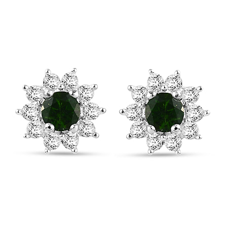1.16 Carat Chrome Diopside and Zircon Halo Earrings in Sterling Silver