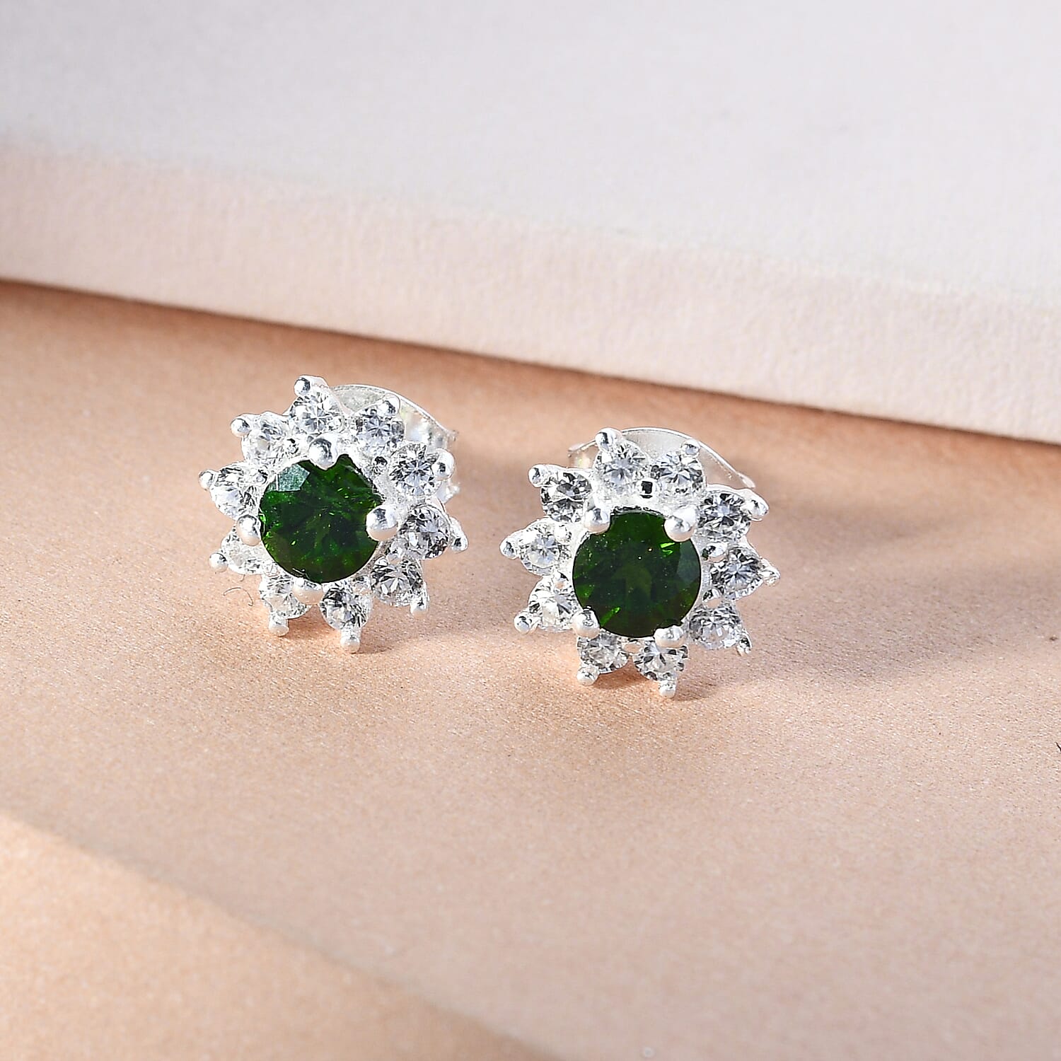 Chrome Diopside and Natural Zircon Stud Earrings in Sterling Silver 1.17 Ct.