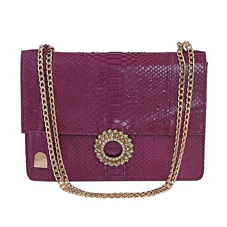 LA MAREY 100% Genuine Python Leather Crossbody Bag with Adjustable Shoulder Chain Strap - Magenta