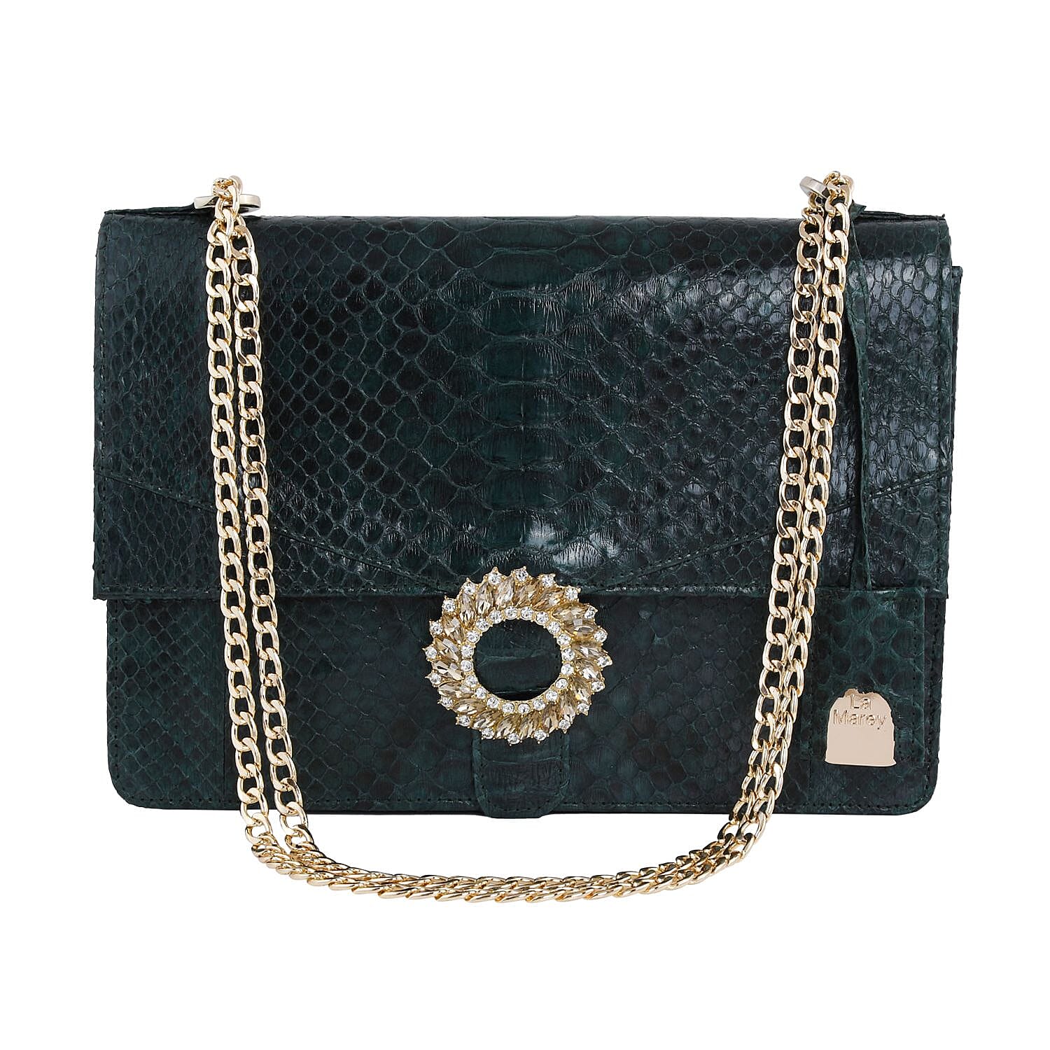 LA MAREY 100% Genuine Python Leather Crossbody Bag with Adjustable Shoulder Chain Strap - Dark Green