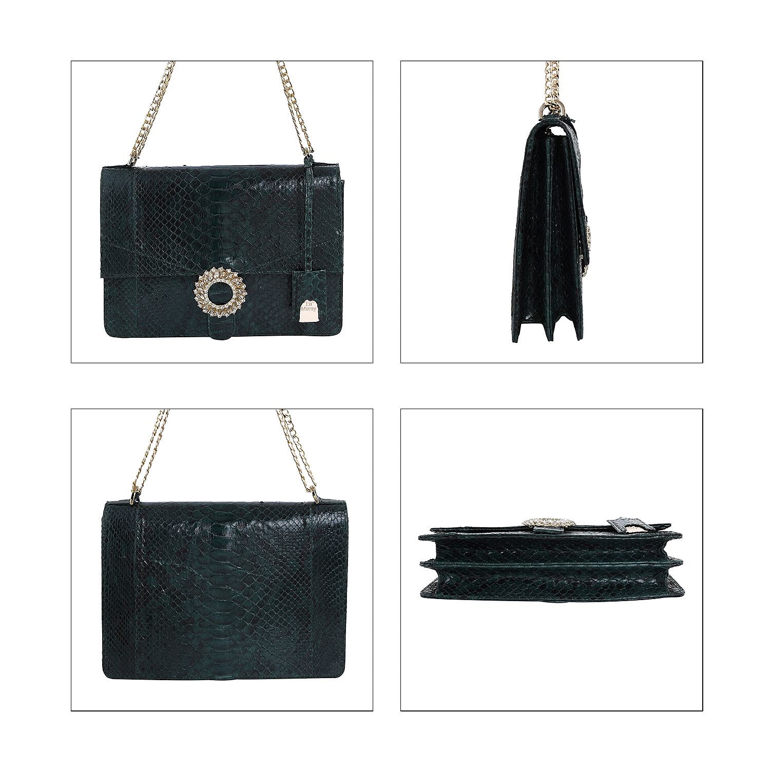 LA MAREY 100% Genuine Python Leather Crossbody Bag with Adjustable Shoulder Chain Strap - Dark Green