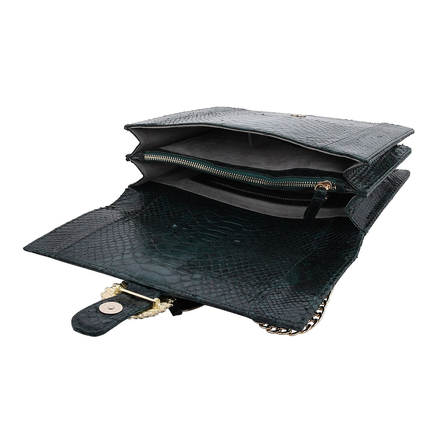 LA MAREY 100% Genuine Python Leather Crossbody Bag with Adjustable Shoulder Chain Strap - Dark Green