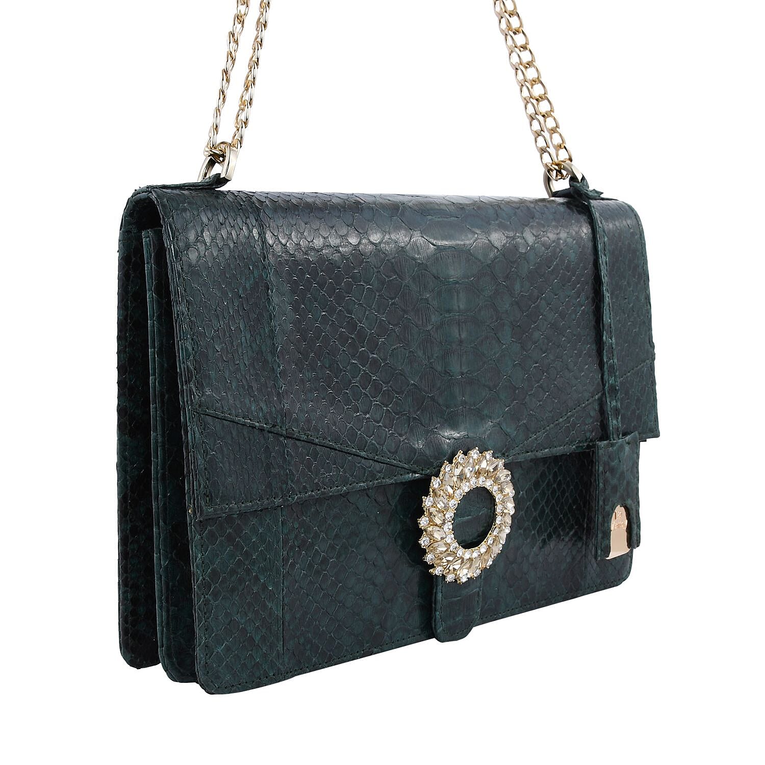 LA MAREY 100% Genuine Python Leather Crossbody Bag with Adjustable Shoulder Chain Strap - Dark Green