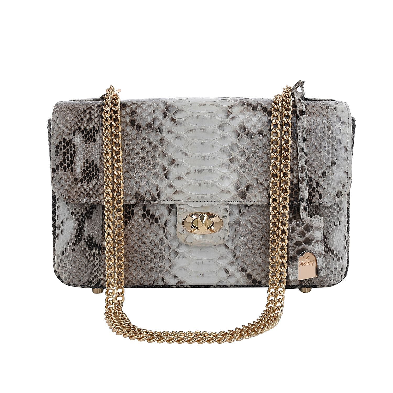 LA MAREY 100% Genuine Python Leather Bag with Adjustable and Removable Shoulder Chain Strap - Light Brown and Beige