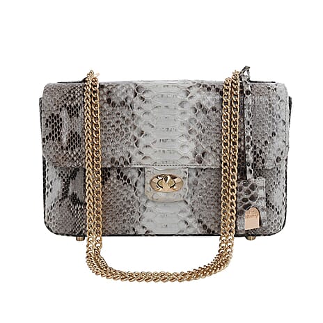 LA MAREY 100% Genuine Python Leather Bag with Adjustable and Removable Shoulder Chain Strap - Light Brown and Beige