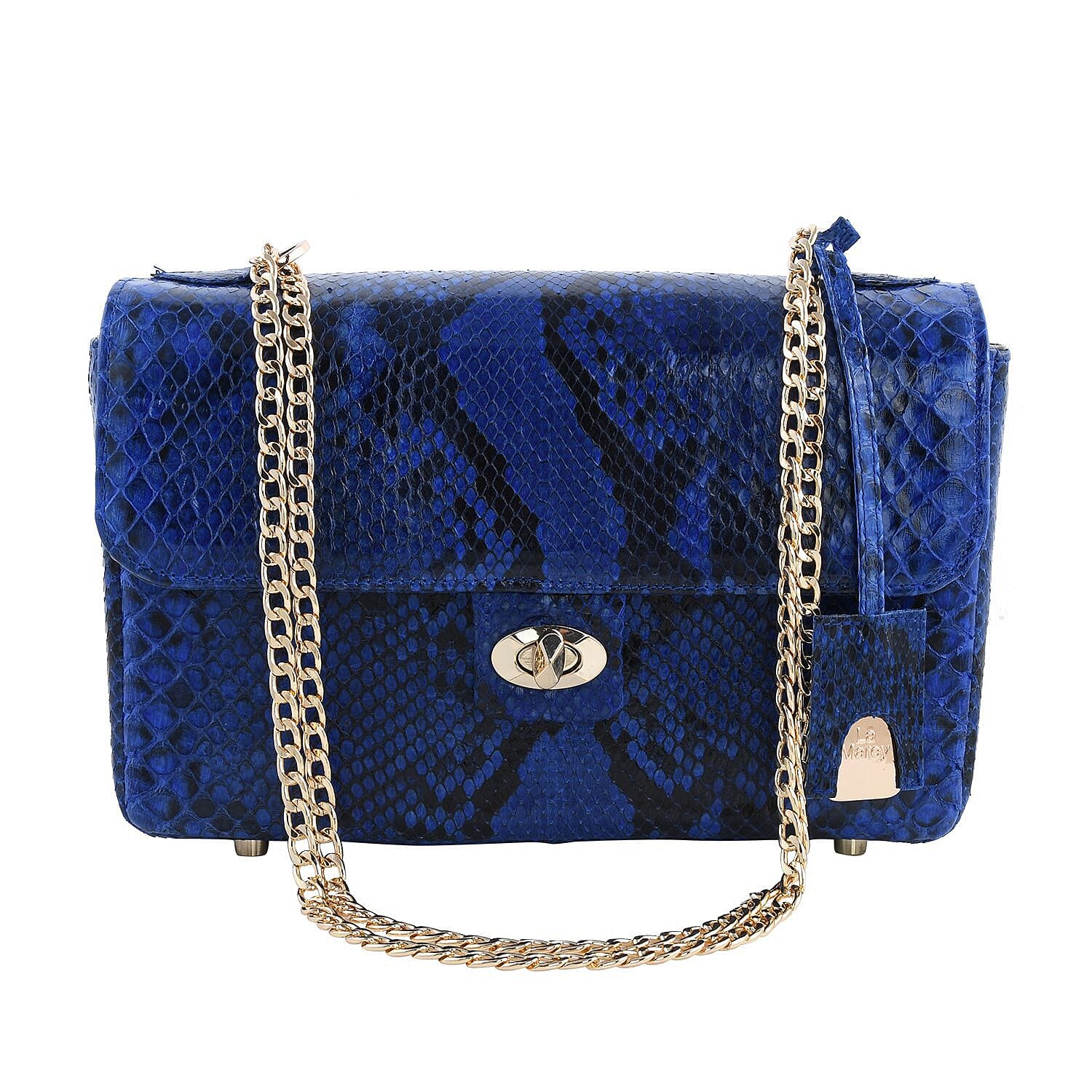 LA MAREY 100% Genuine Python Leather Bag with Adjustable and Removable Shoulder Chain Strap - Navy