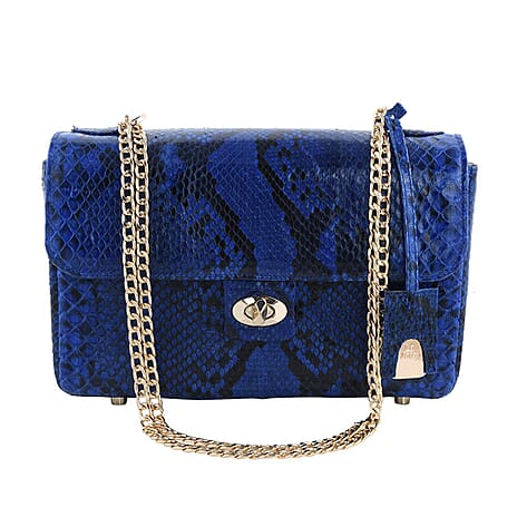 LA MAREY 100% Genuine Python Leather Bag with Adjustable and Removable Shoulder Chain Strap - Navy