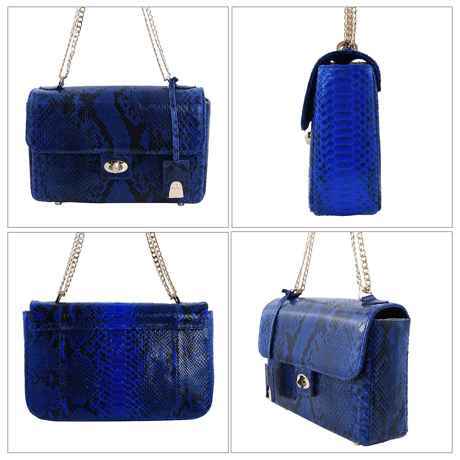 LA MAREY 100% Genuine Python Leather Bag with Adjustable and Removable Shoulder Chain Strap - Navy
