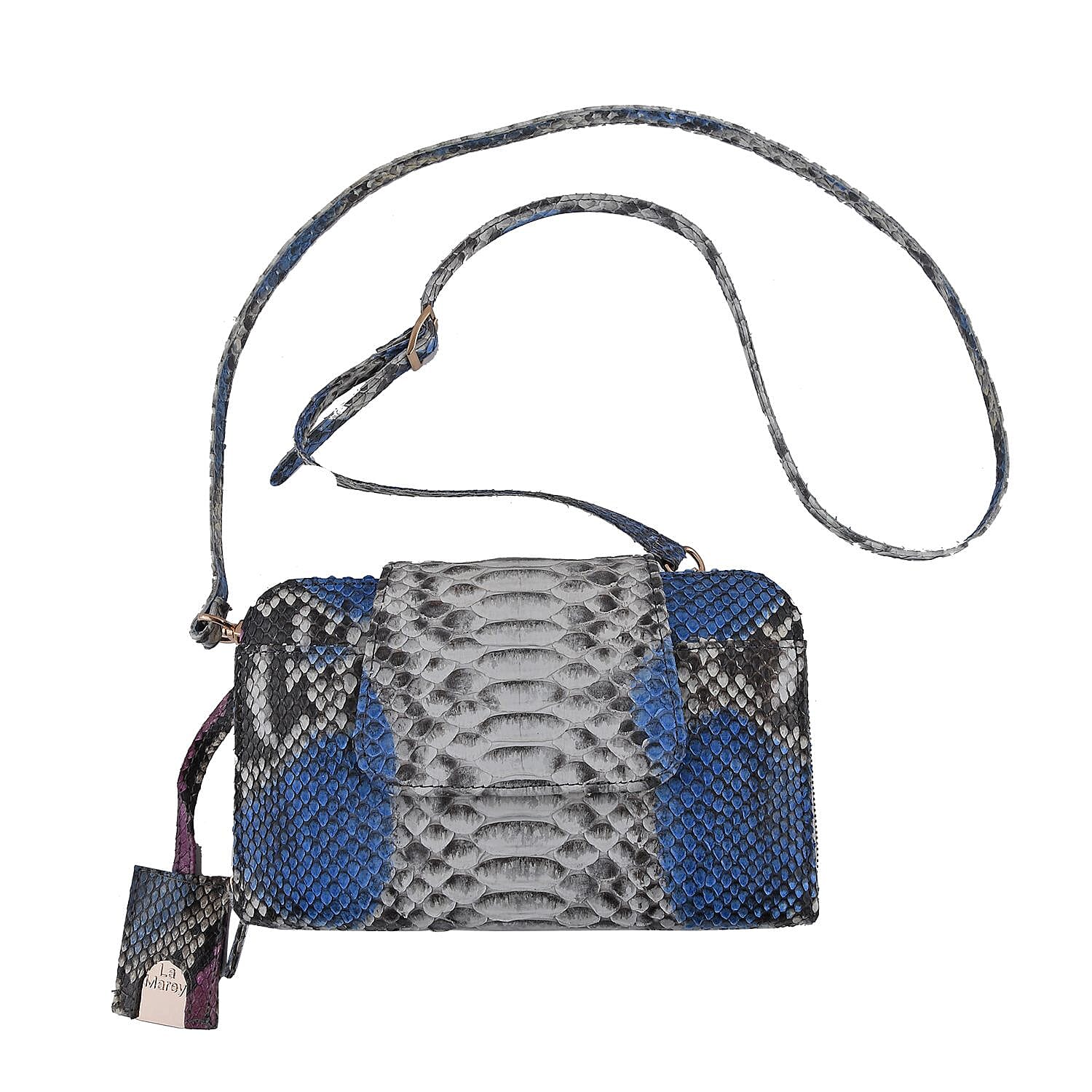 La Marey- Snakeskin Leather Crossbody Bag with Adjustable Shoulder Strap - Off White & Light Blue