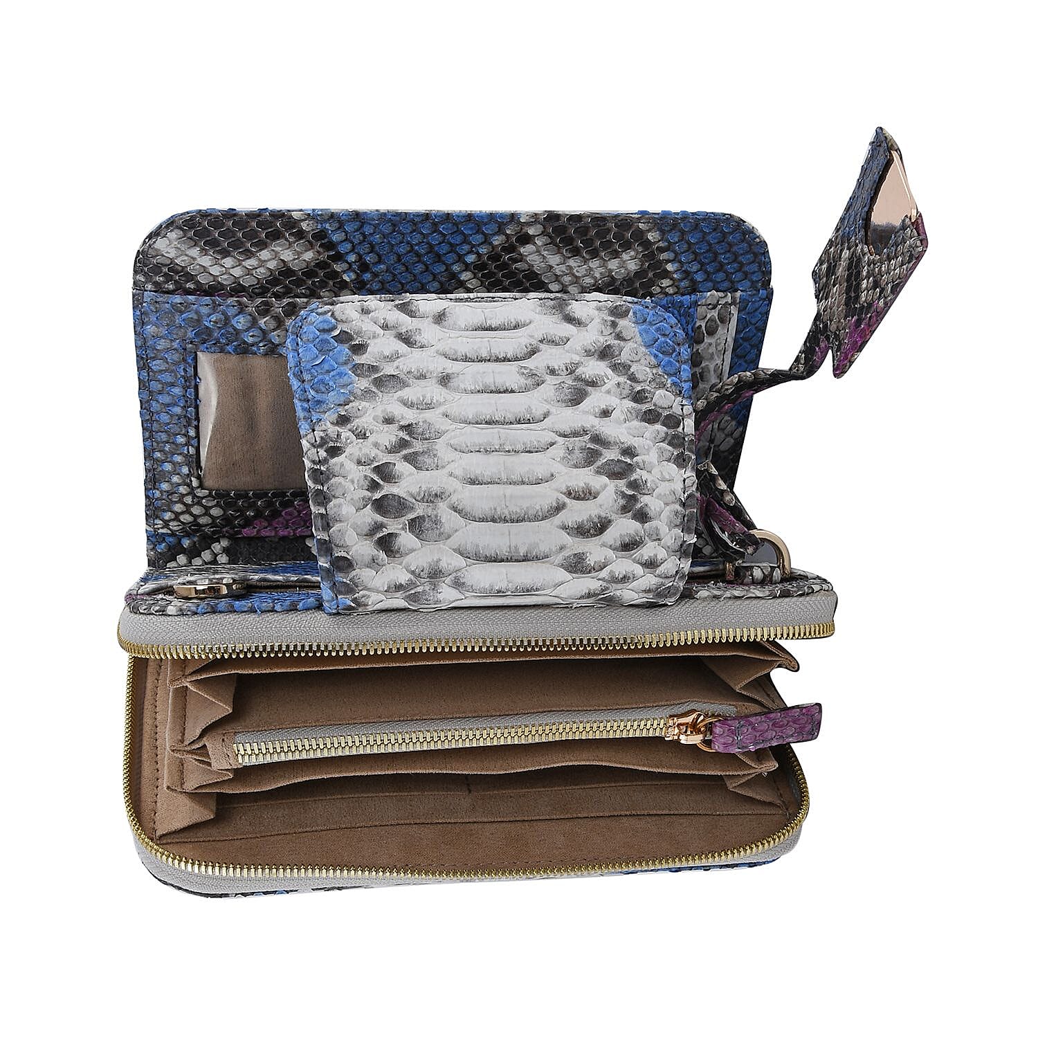 La Marey- Snakeskin Leather Crossbody Bag with Adjustable Shoulder Strap - Off White & Light Blue