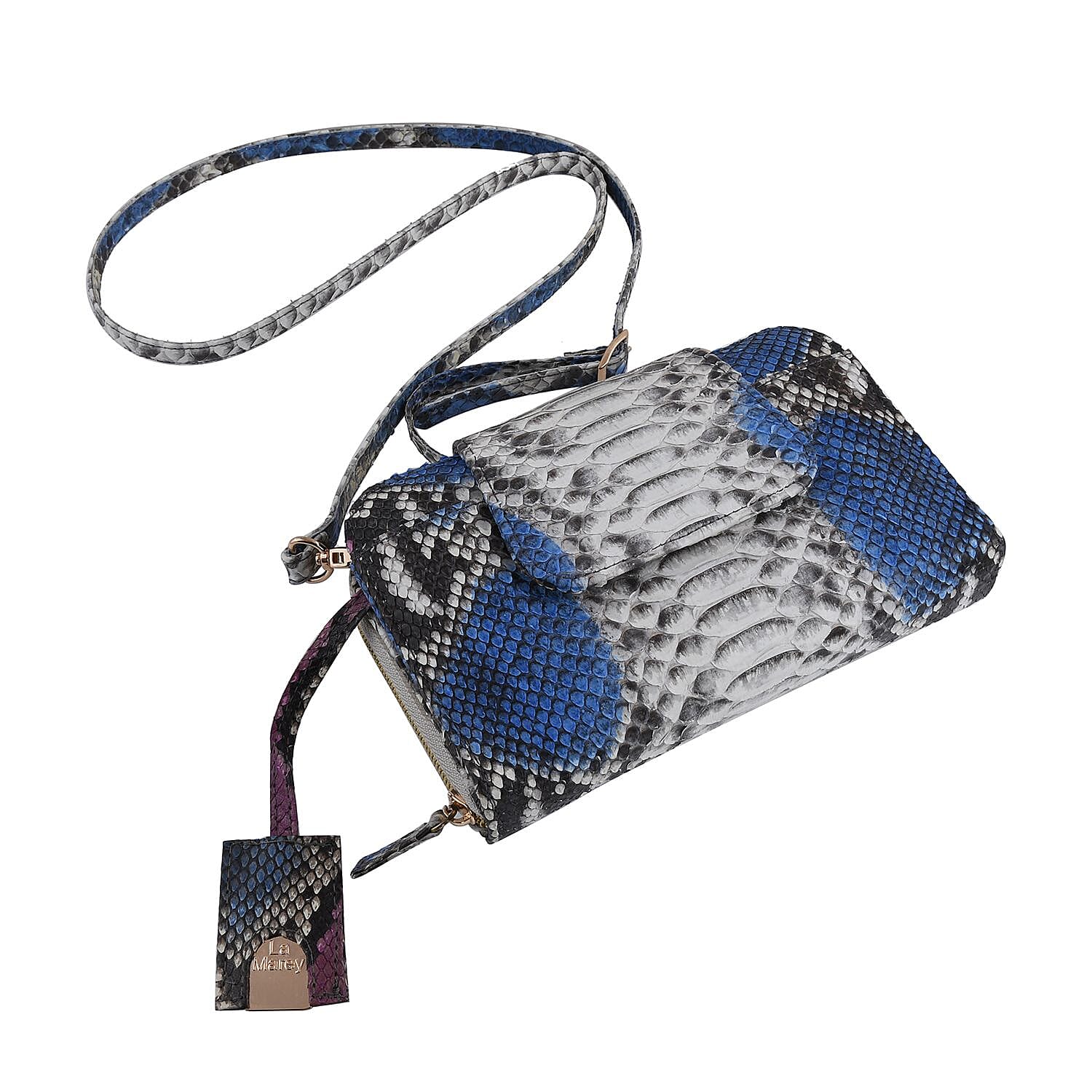 LA MAREY 100% Genuine Python Leather Crossbody Bag with Adjustable Shoulder Strap - Off White & Light Blue
