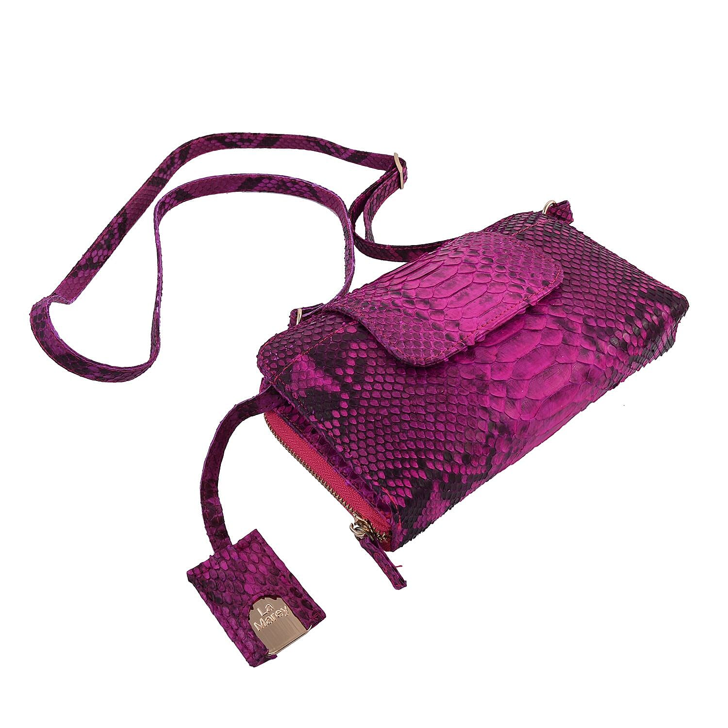 LA MAREY 100% Genuine Python Leather Crossbody Bag with Adjustable Shoulder Strap - Fuchsia