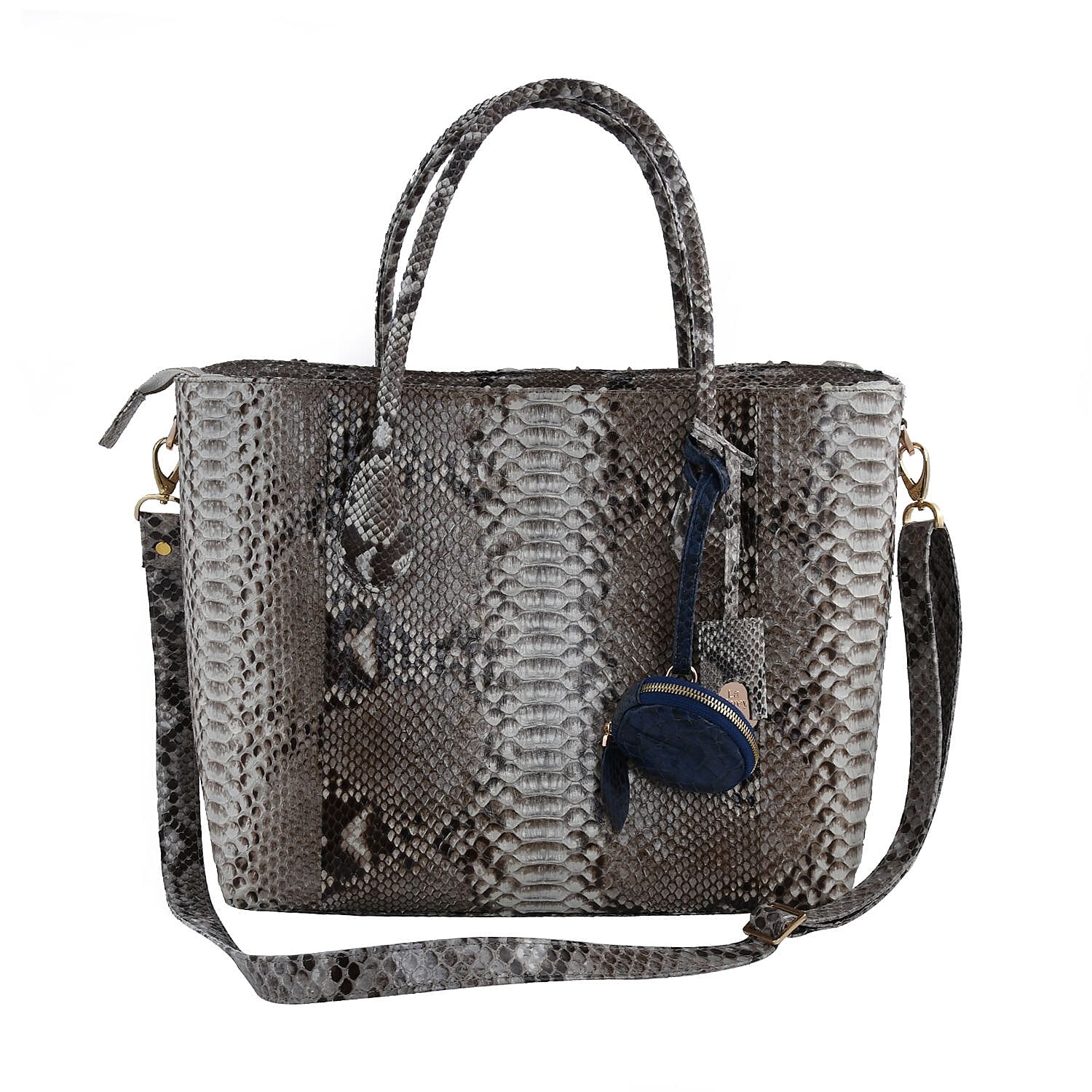 La Marey- Snakeskin Leather Tote Bag with Adjustable and Detachable Shoulder Strap - Light Brown & Beige