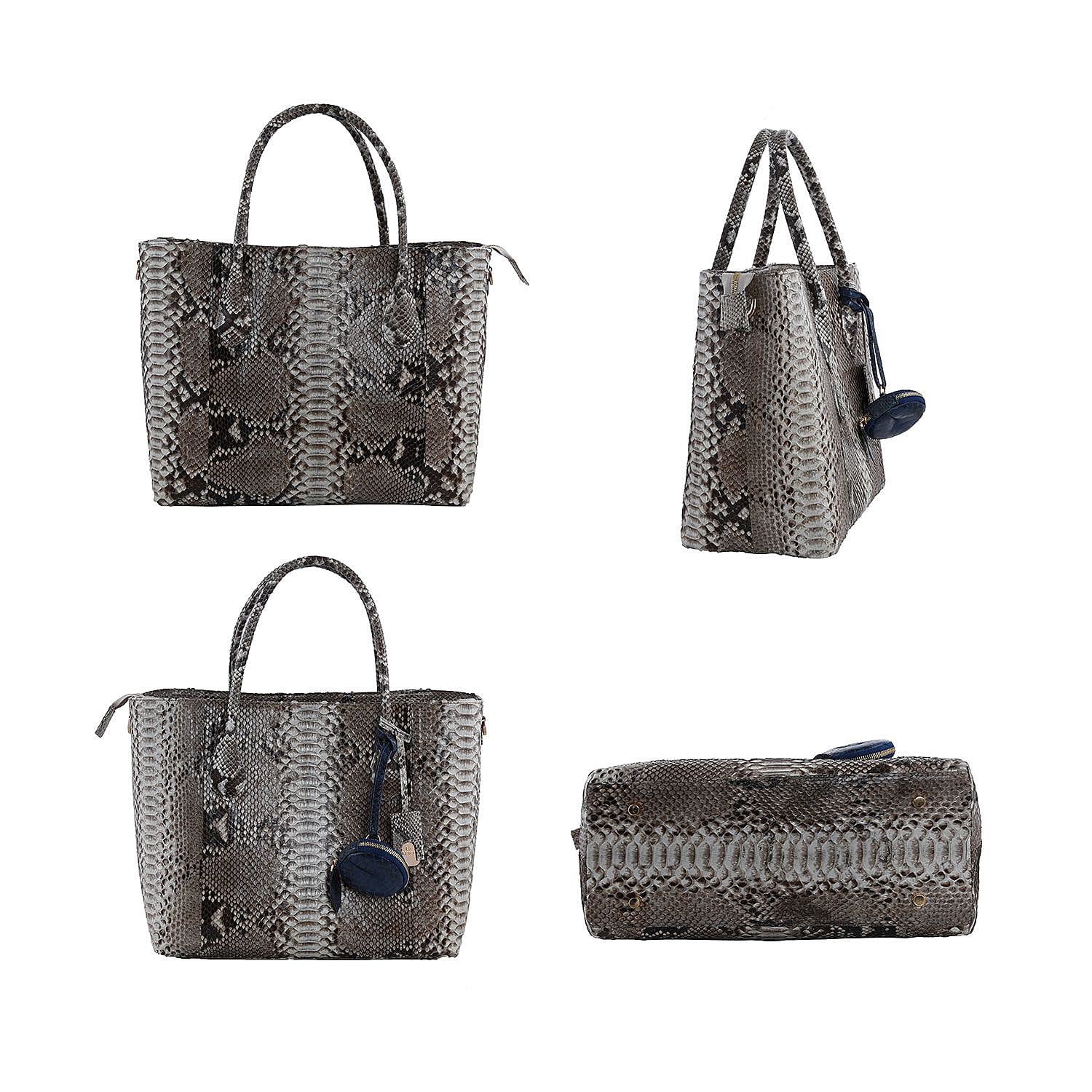 La Marey- Snakeskin Leather Tote Bag with Adjustable and Detachable Shoulder Strap - Light Brown & Beige