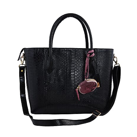 La Marey- Snakeskin Leather Tote Bag with Adjustable and Detachable Shoulder Strap - Black