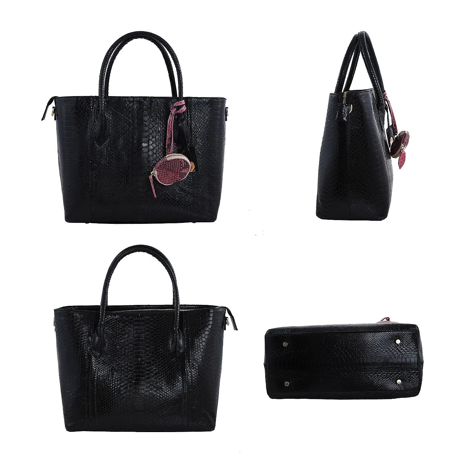 La Marey- Snakeskin Leather Tote Bag with Adjustable and Detachable Shoulder Strap - Black