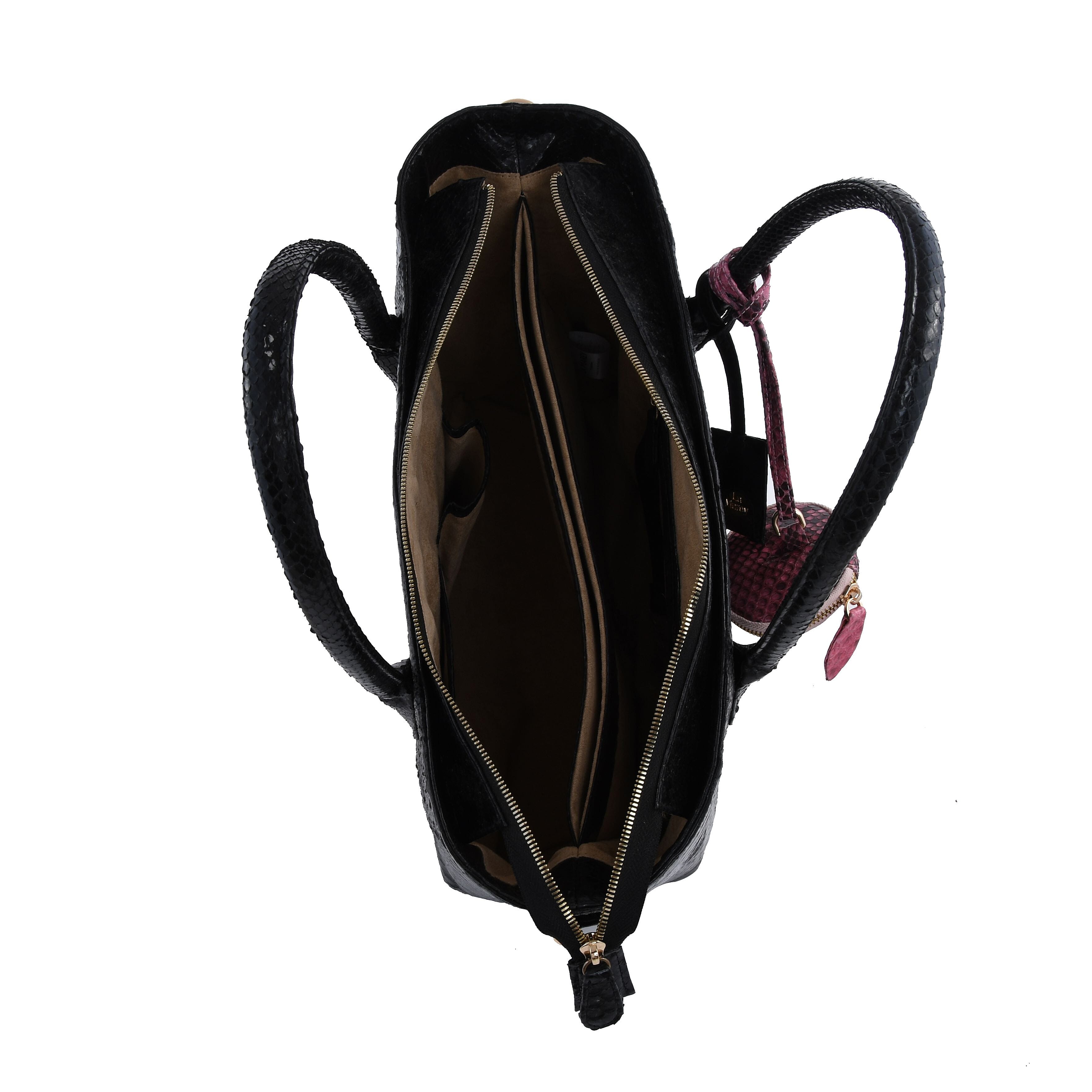 La Marey- Snakeskin Leather Tote Bag with Adjustable and Detachable Shoulder Strap - Black