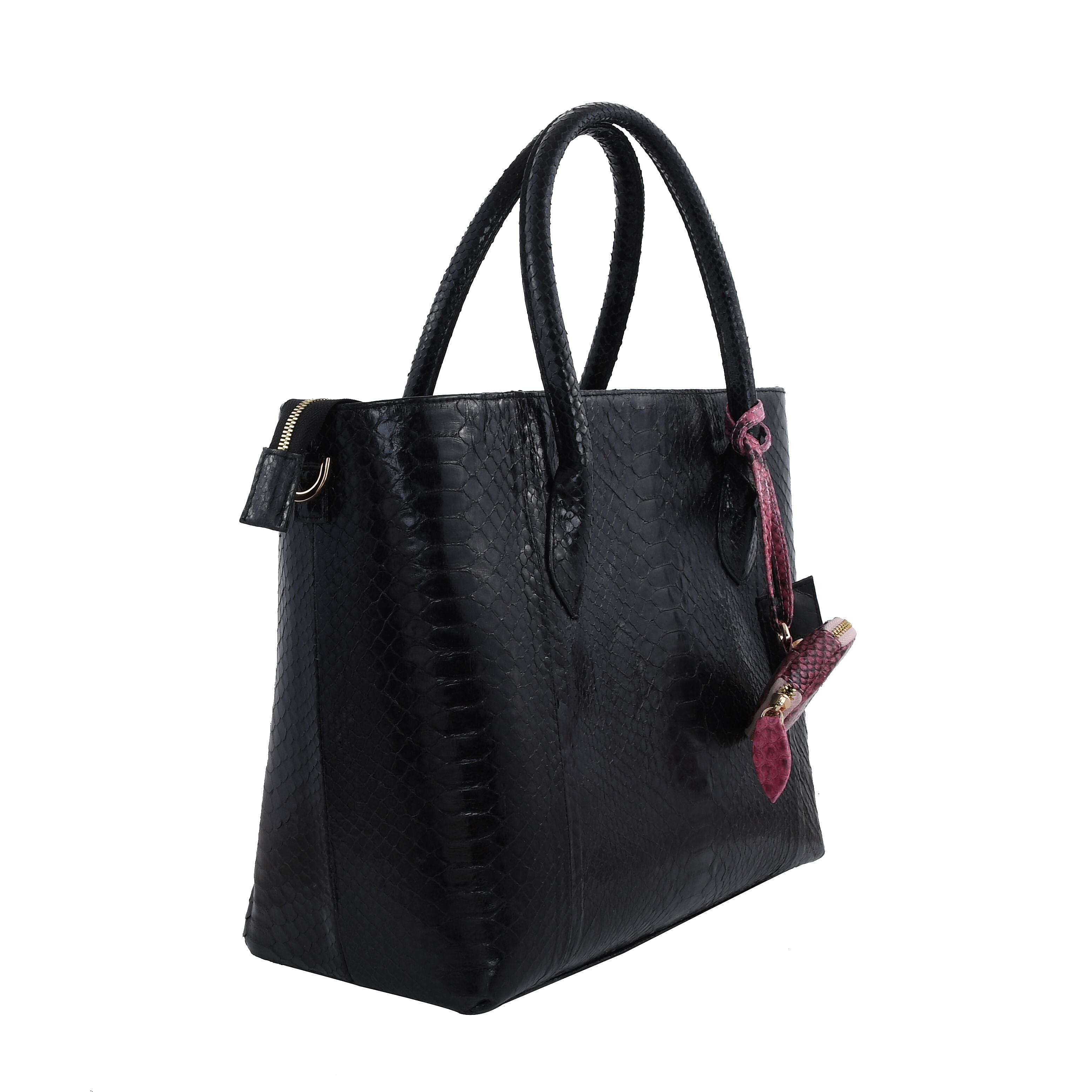 La Marey- Snakeskin Leather Tote Bag with Adjustable and Detachable Shoulder Strap - Black