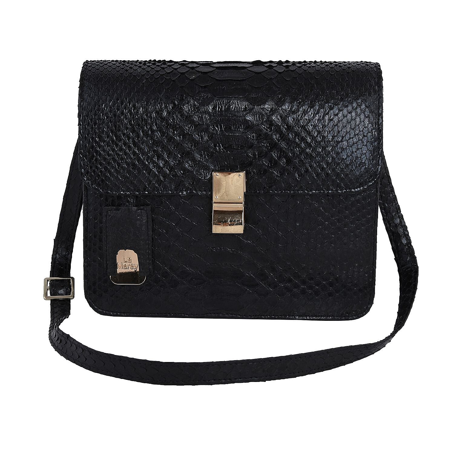 La Marey- Snakeskin Leather Bag with Adjustable Shoulder Strap - Black