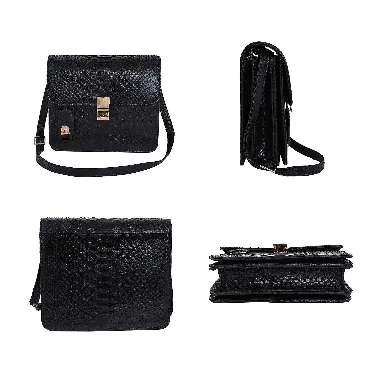 La Marey- Snakeskin Leather Bag with Adjustable Shoulder Strap - Black