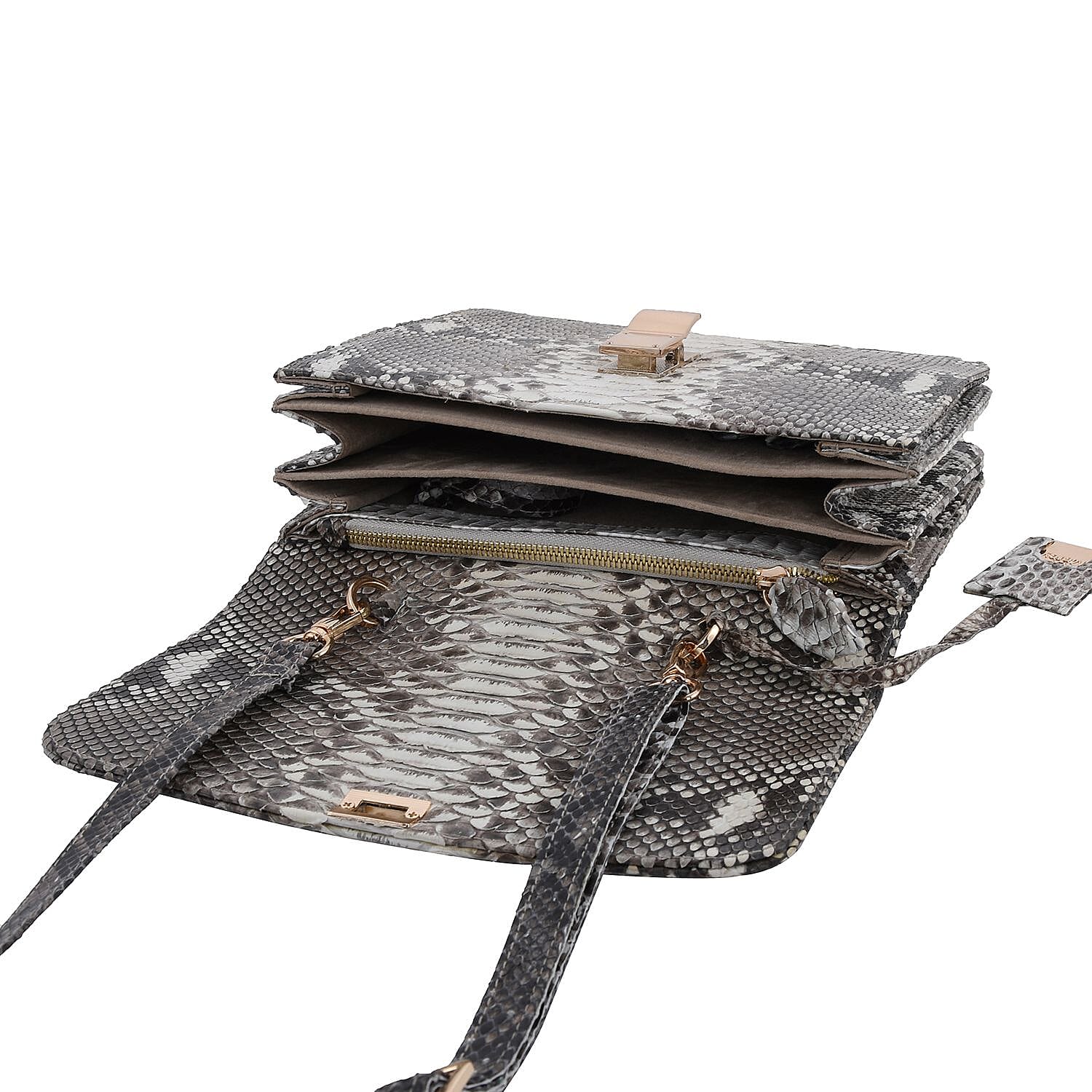 LA MAREY 100% Genuine Python Leather Bag with Adjustable Shoulder Strap - Light Brown and Beige