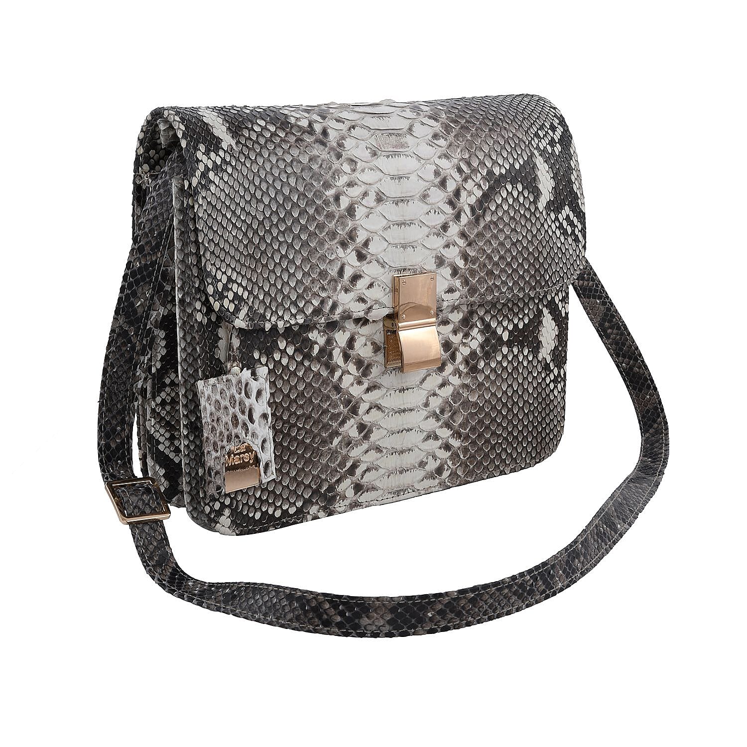 LA MAREY 100% Genuine Python Leather Bag with Adjustable Shoulder Strap - Light Brown and Beige