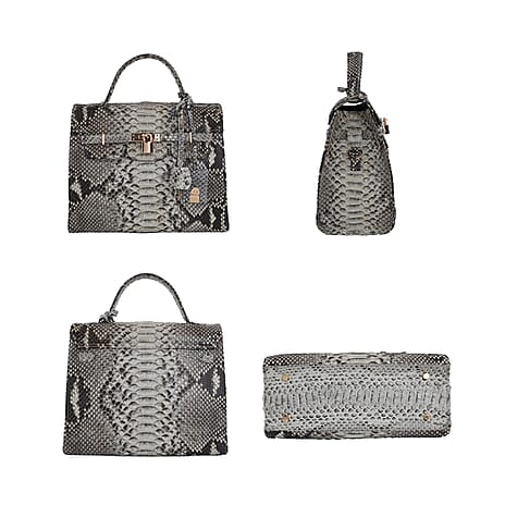La Marey- Snakeskin Leather Satchel Bag with Adjustable Shoulder Strap (Size 30x23x13 Cm) - Light Brown and Beige