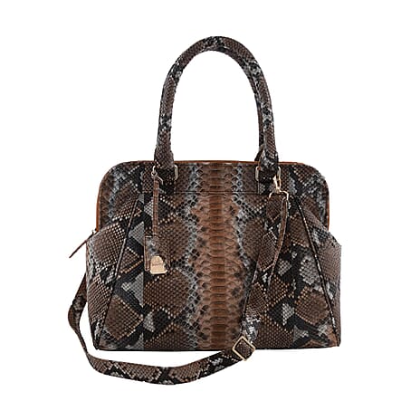 LA MAREY 100% Genuine Python Leather Tote Bag with Adjustable & Detachable Shoulder Strap - Brown