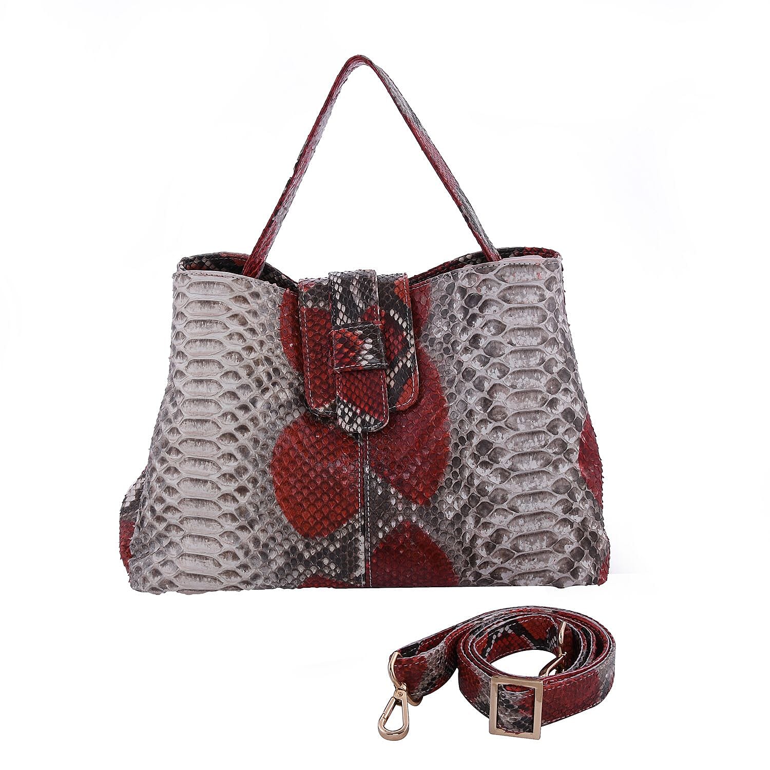 LA MAREY 100% Genuine Python Leather Tote Bag with Adjustable & Detachable Shoulder Strap - Red & Off White