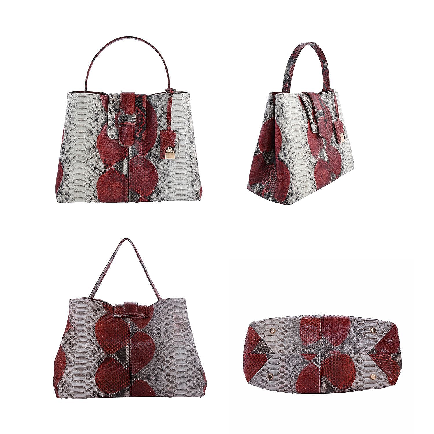 LA MAREY 100% Genuine Python Leather Tote Bag with Adjustable & Detachable Shoulder Strap - Red & Off White