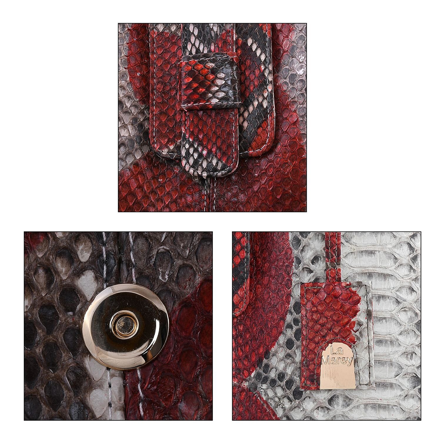 LA MAREY 100% Genuine Python Leather Tote Bag with Adjustable & Detachable Shoulder Strap - Red & Off White