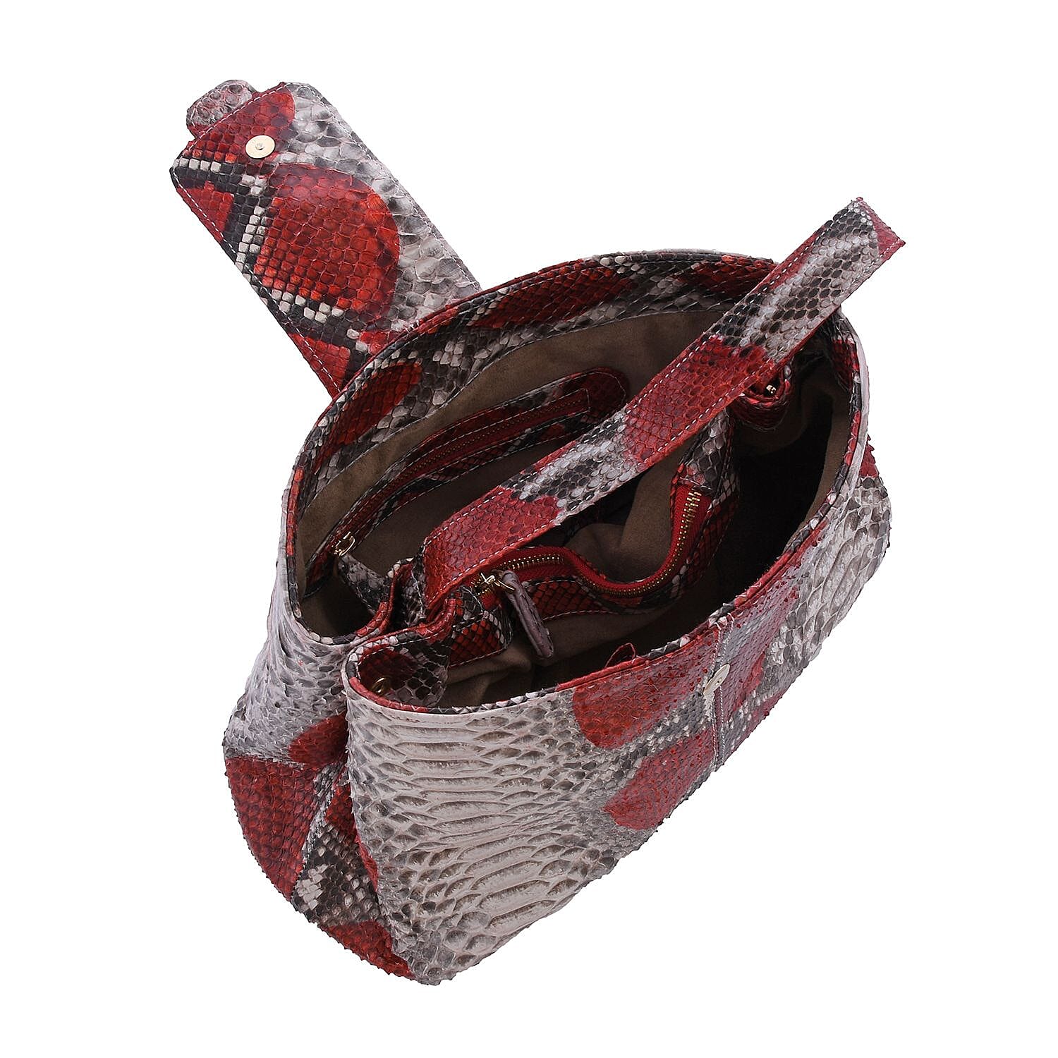 LA MAREY 100% Genuine Python Leather Tote Bag with Adjustable & Detachable Shoulder Strap - Red & Off White