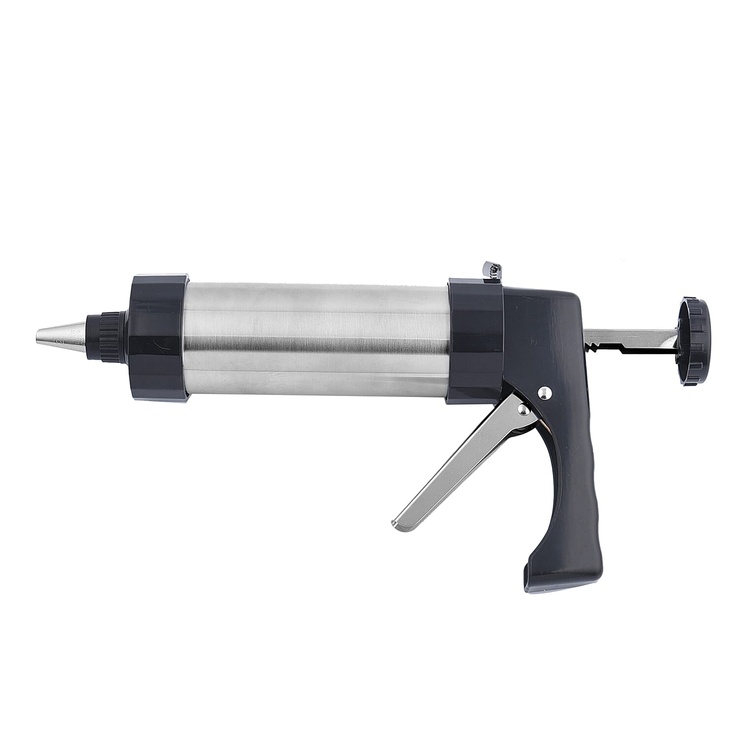 Cookie Maker with 6 Cake Piping Nozzles and 10 Biscuit Stencils in Stainless Steel (Size 22x14 Cm) - Silver & Black