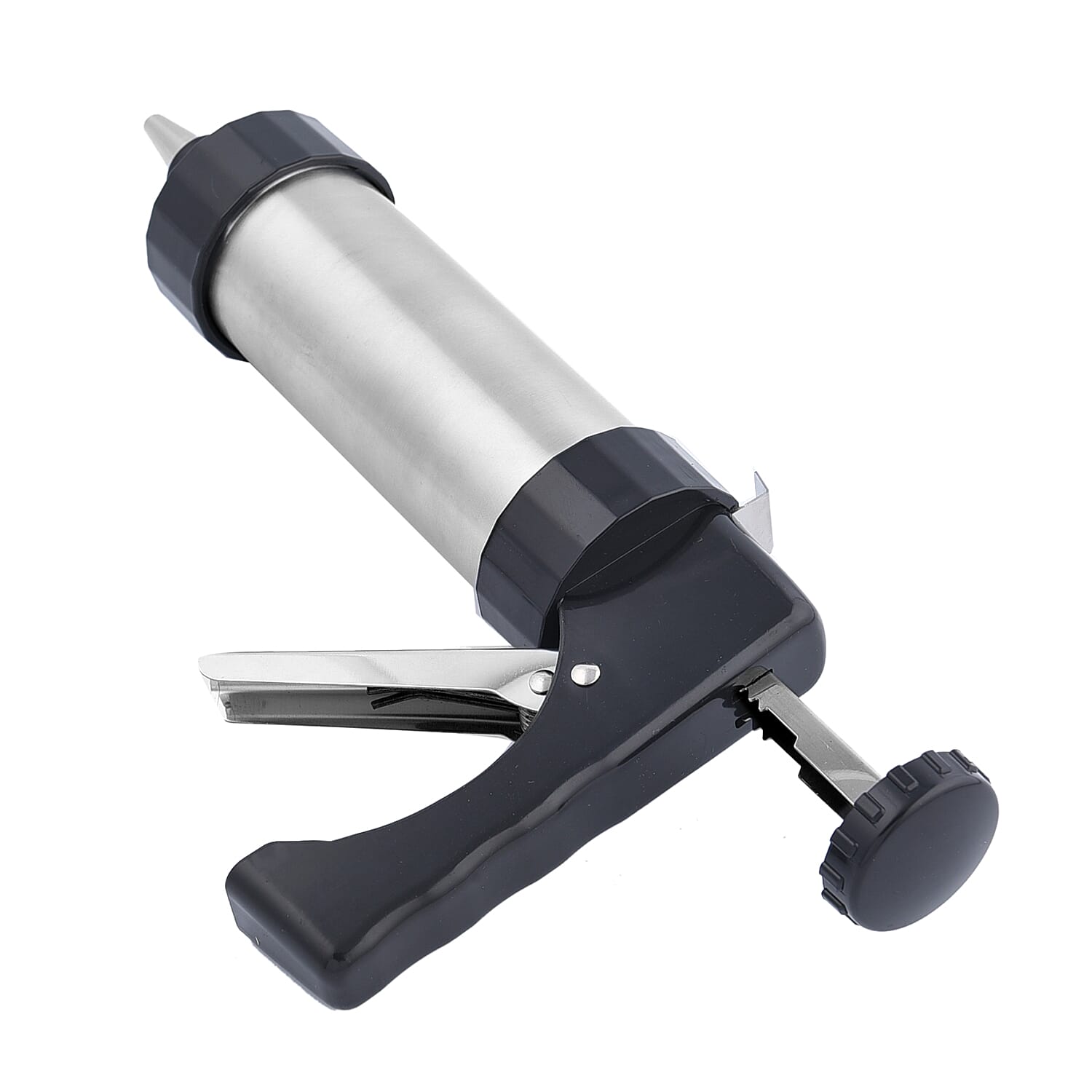 Cookie Maker with 6 Cake Piping Nozzles and 10 Biscuit Stencils in Stainless Steel (Size 22x14 Cm) - Silver & Black