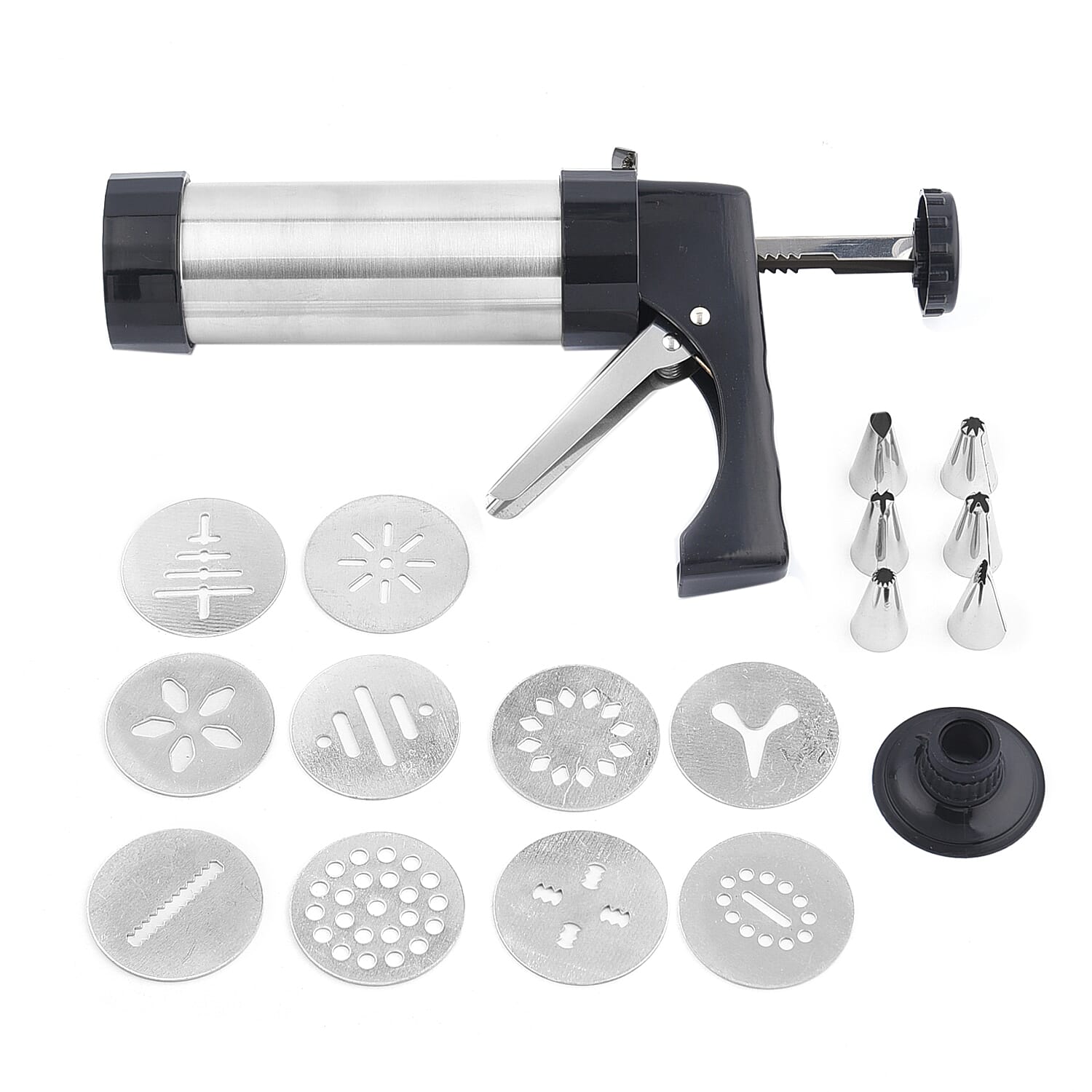 Cookie Maker with 6 Cake Piping Nozzles and 10 Biscuit Stencils in Stainless Steel (Size 22x14 Cm)