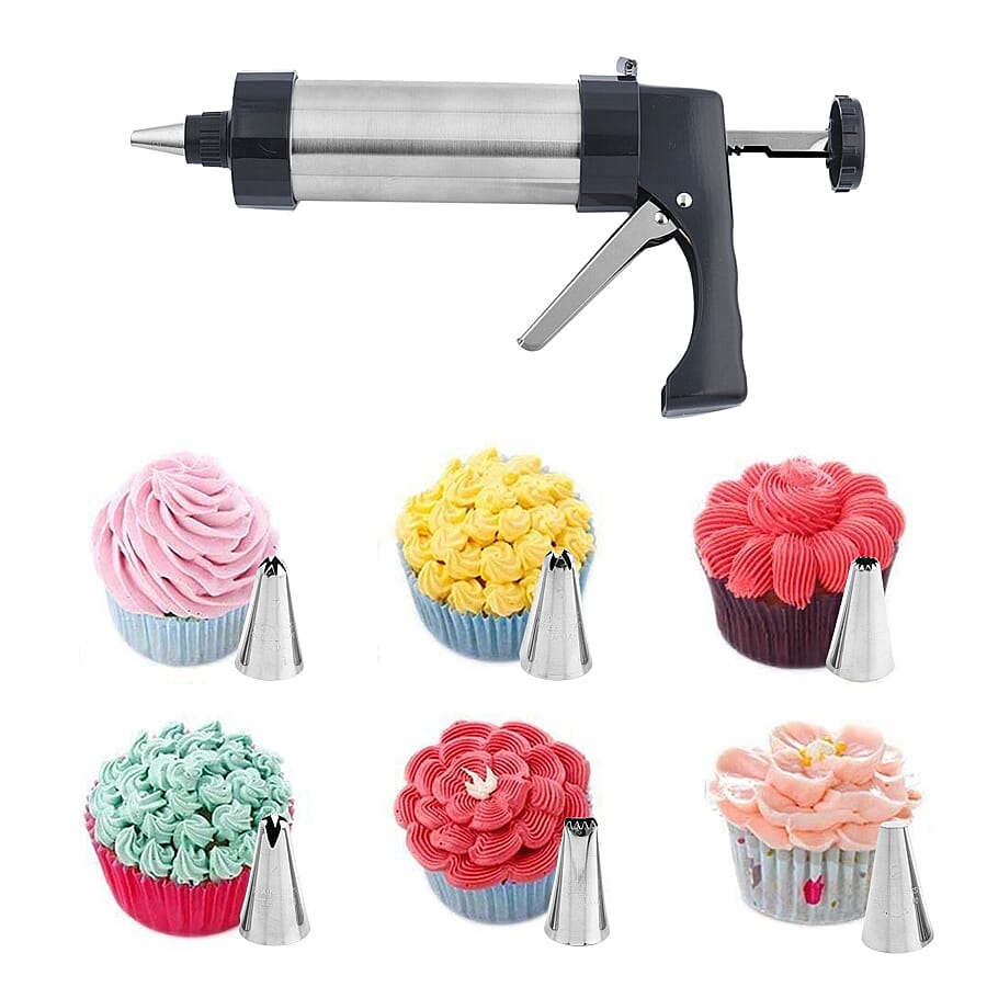 Cookie Maker with 6 Cake Piping Nozzles and 10 Biscuit Stencils in Stainless Steel (Size 22x14 Cm)